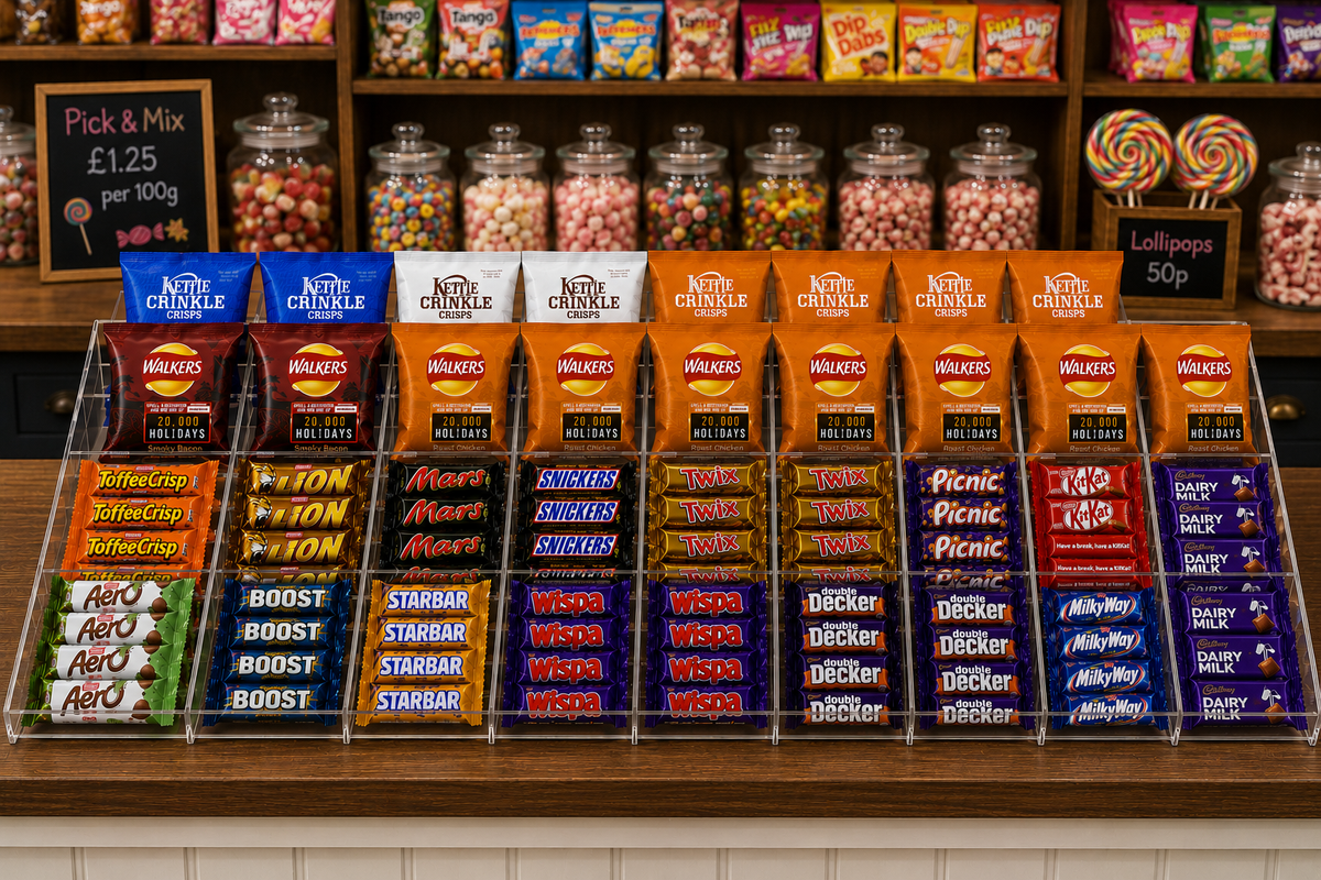 Confectionery, Chocolate bar , Crisps, Condiment etc. 4 Step Counter Display
