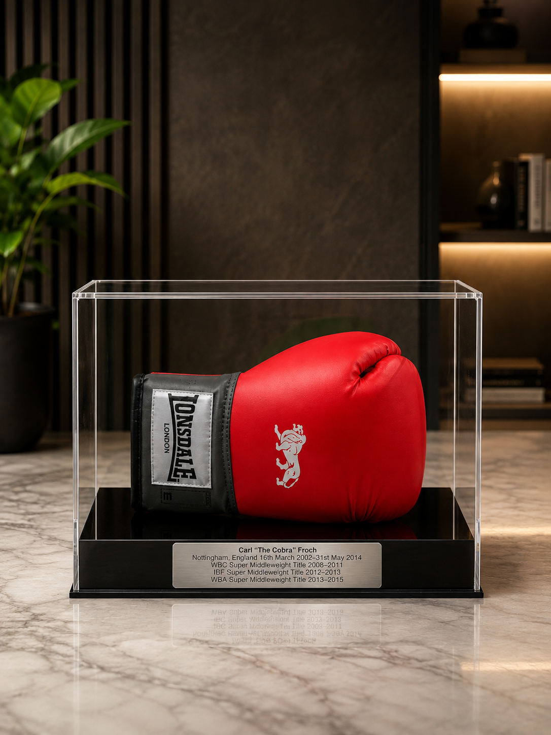 Boxing Glove Display Case Landscape with Personalised Etching Plaque
