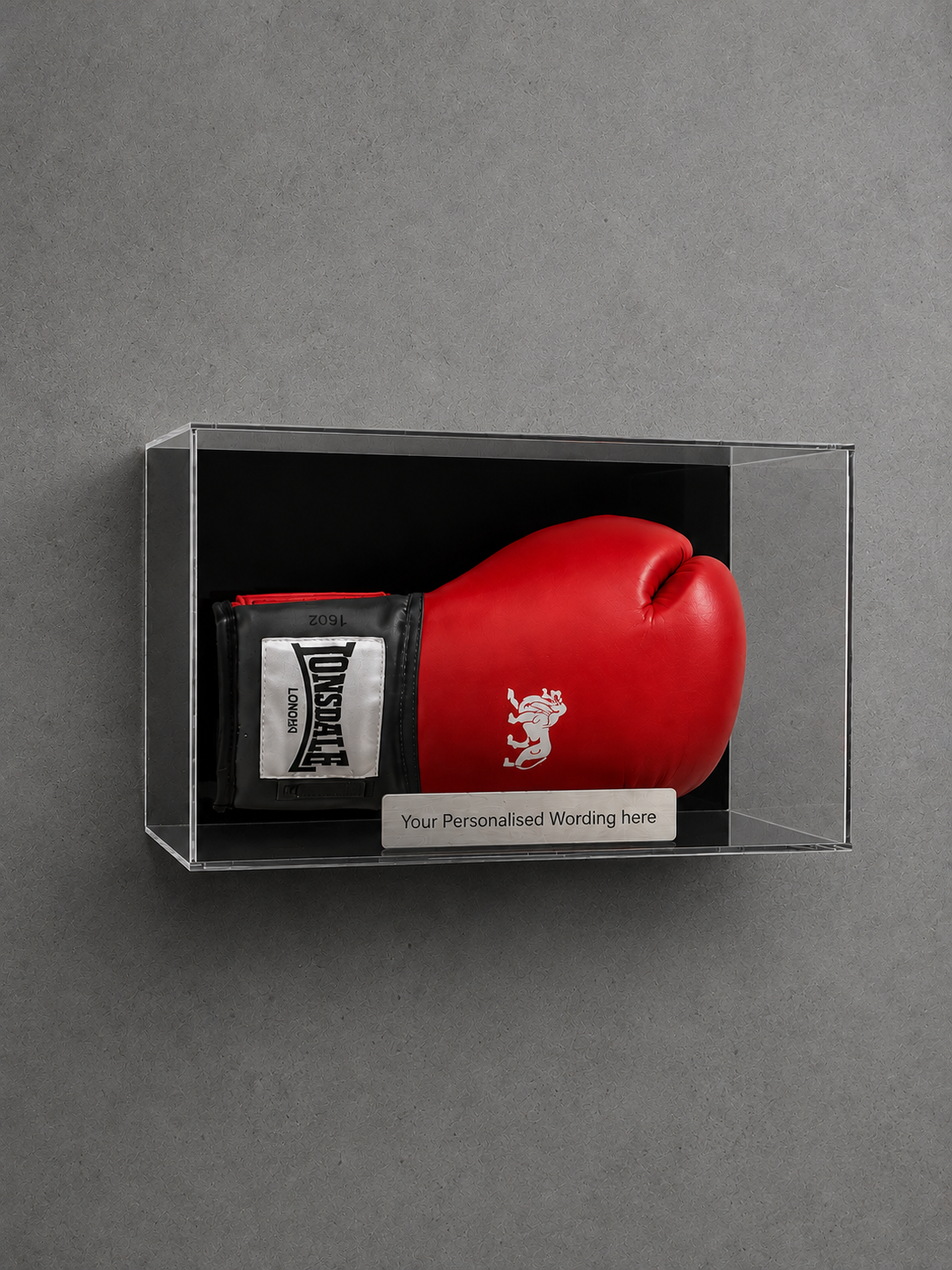Boxing Glove Display Case Landscape wall mount with Personalised Engraved Plaque