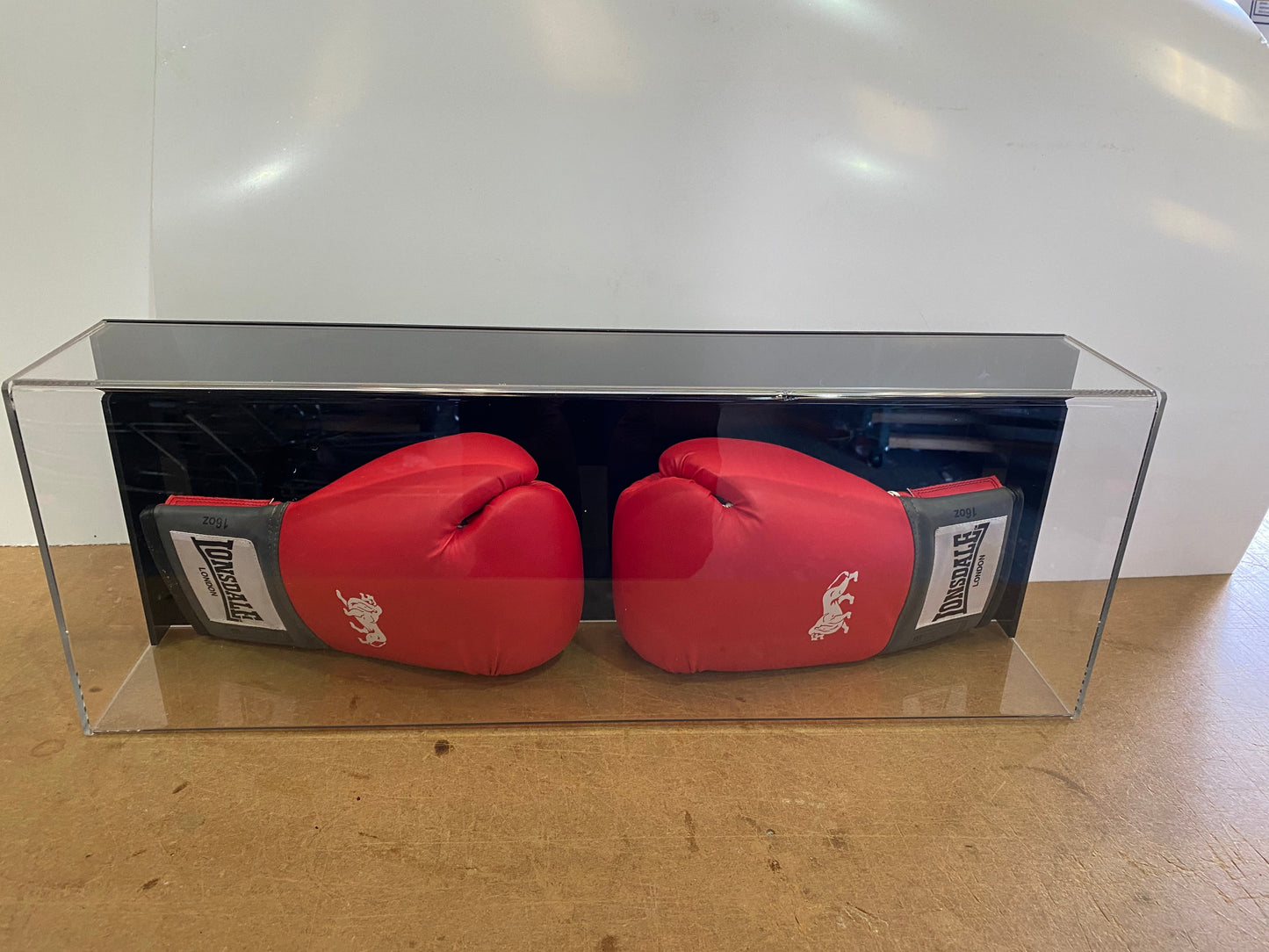 Boxing Gloves pair Display Case Landscape wall mount with Personalised Engraved Plaque