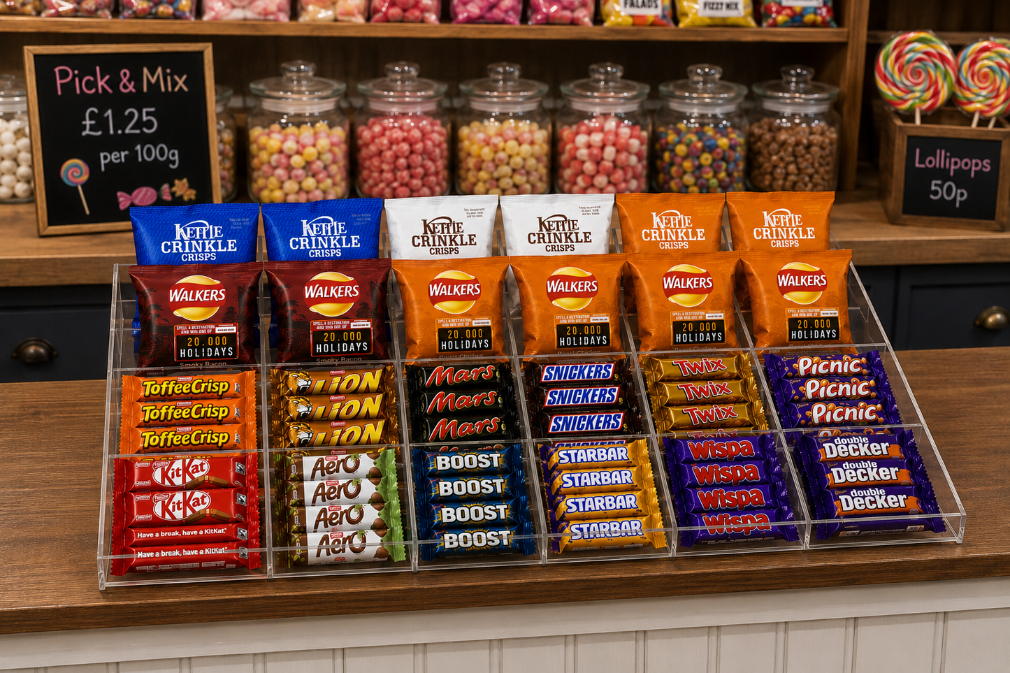 Confectionery, Chocolate bar , Crisps, Condiment etc. 4 Step Counter Display