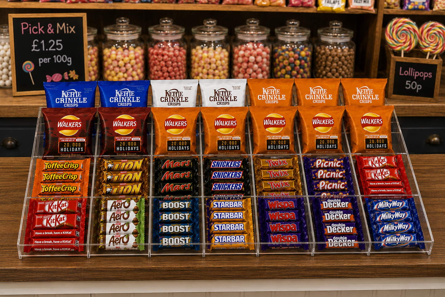 Confectionery, Chocolate bar , Crisps, Condiment etc. 4 Step Counter Display