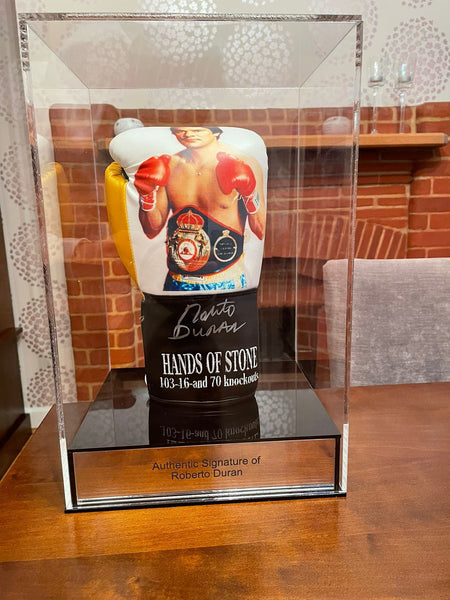 Boxing Display case portrait single glove with personalised engraving