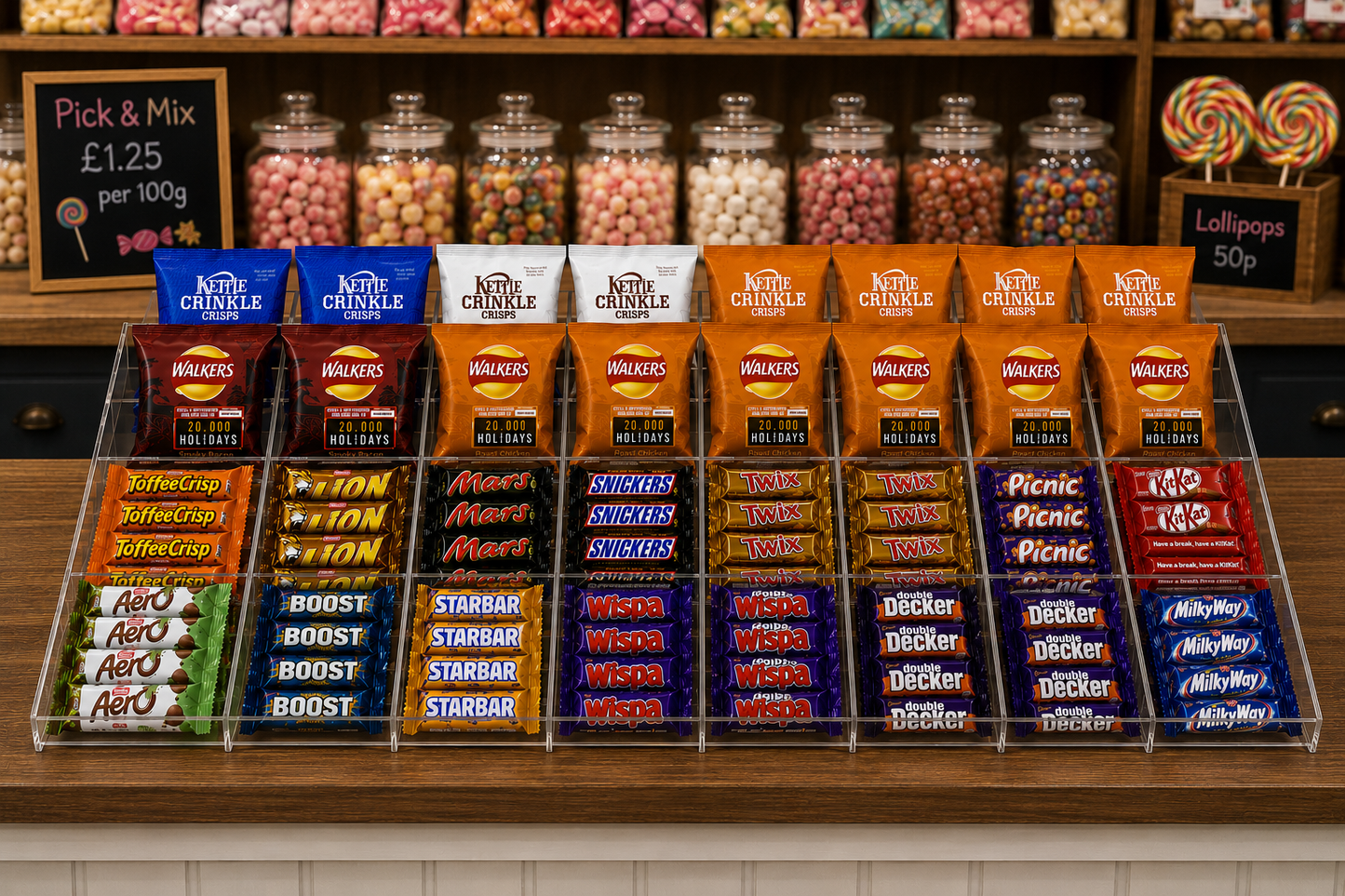 Confectionery, Chocolate bar , Crisps, Condiment etc. 4 Step Counter Display