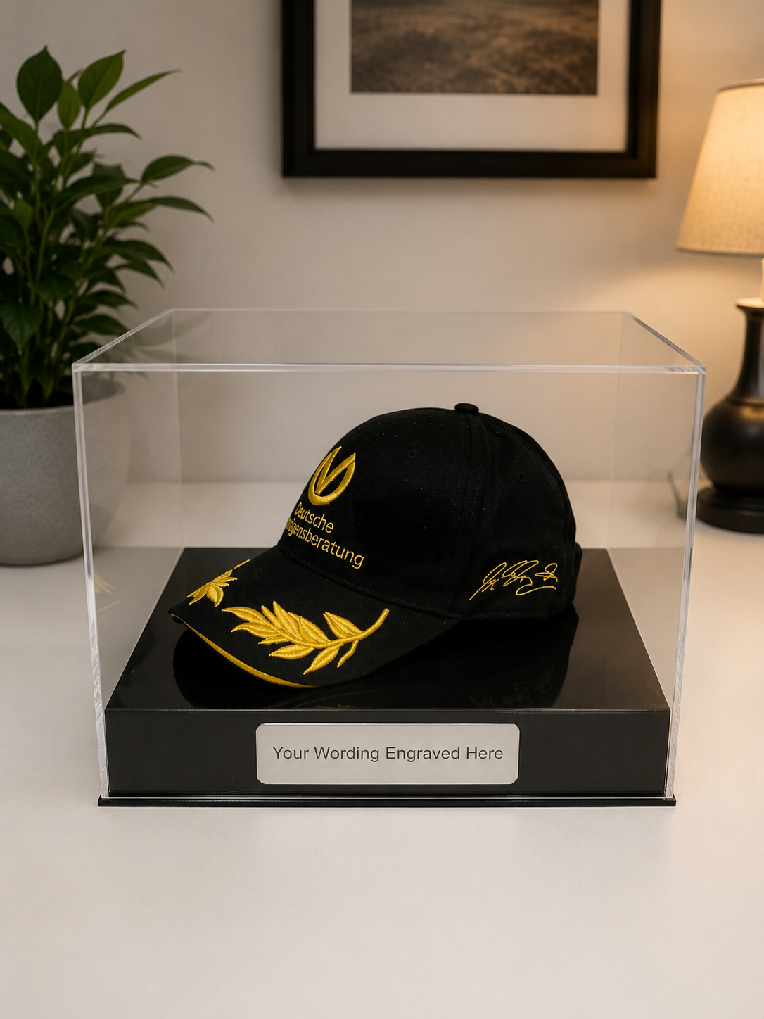 Display Case Baseball Cap Memorabilia for all Sports. Personally Engraved