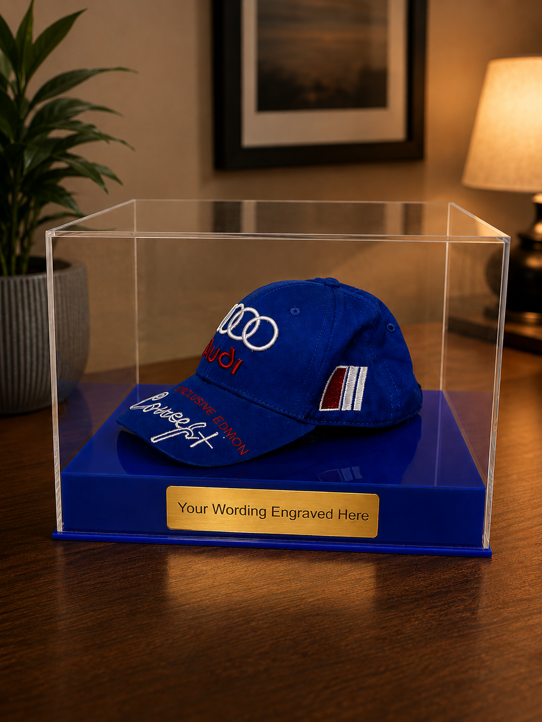 Display Case Baseball Cap Memorabilia for all Sports. Personally Engraved