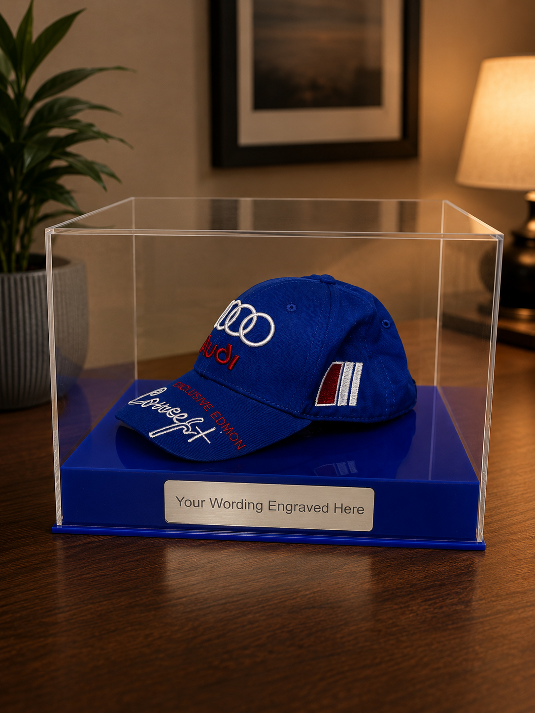 Display Case Baseball Cap Memorabilia for all Sports. Personally Engraved
