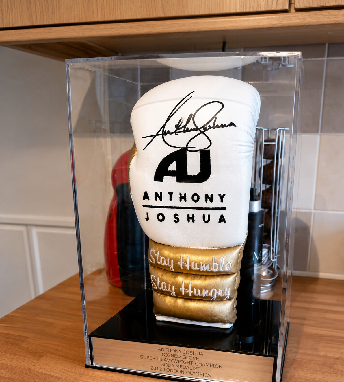 Boxing Display case portrait single glove with personalised engraving