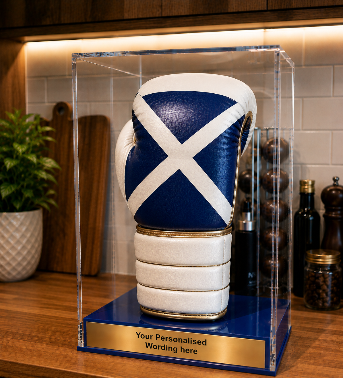 Boxing Display case portrait single glove with personalised engraving