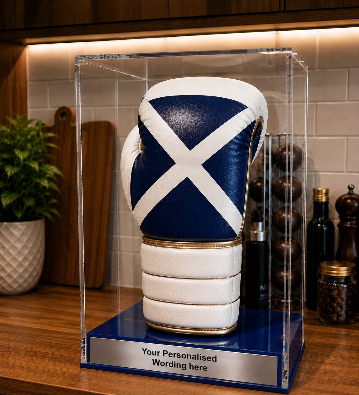 Boxing Display case portrait single glove with personalised engraving