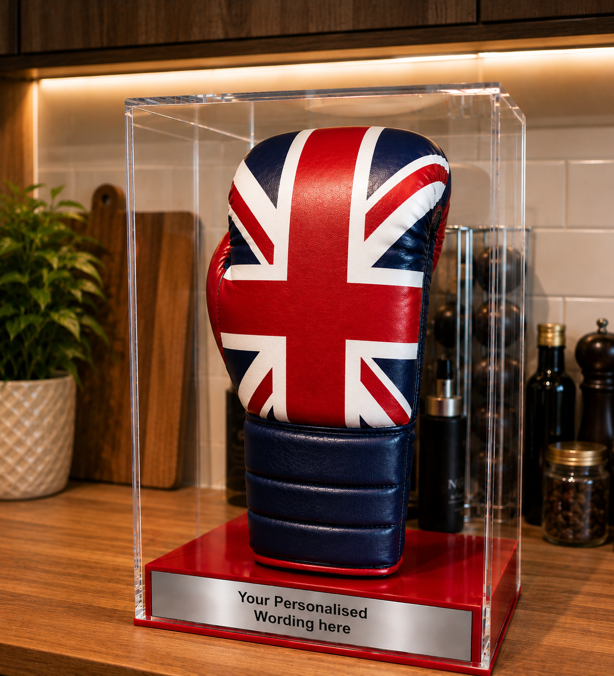 Boxing Display case portrait single glove with personalised engraving