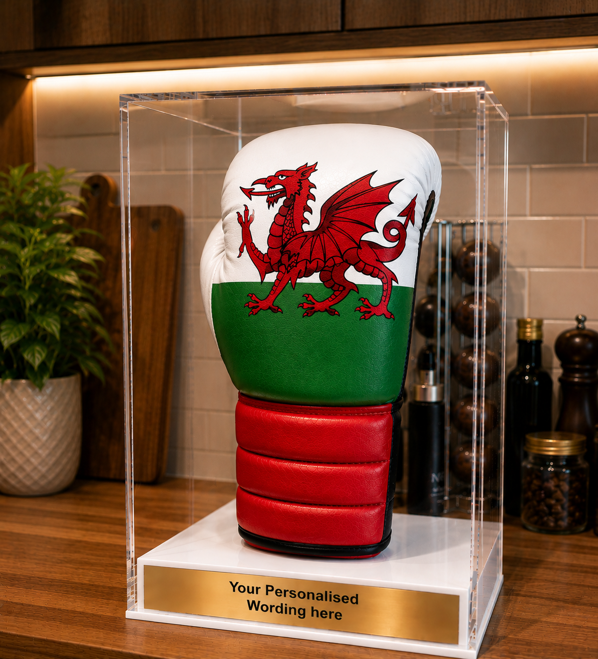 Boxing Display case portrait single glove with personalised engraving