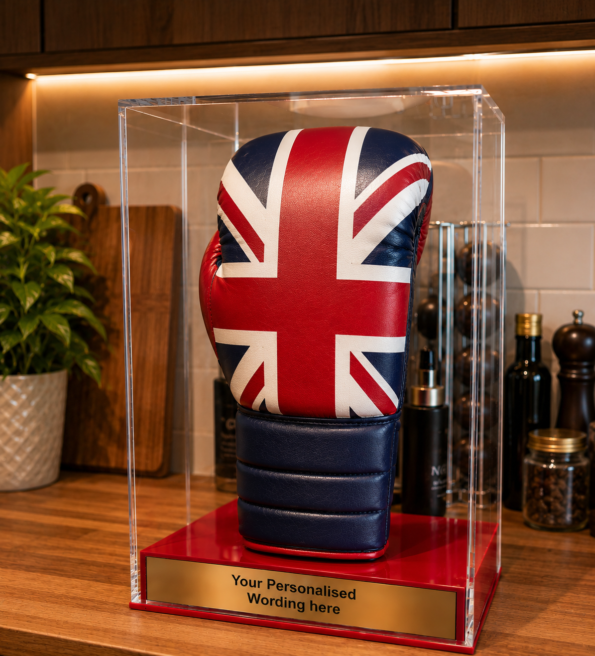 Boxing Display case portrait single glove with personalised engraving