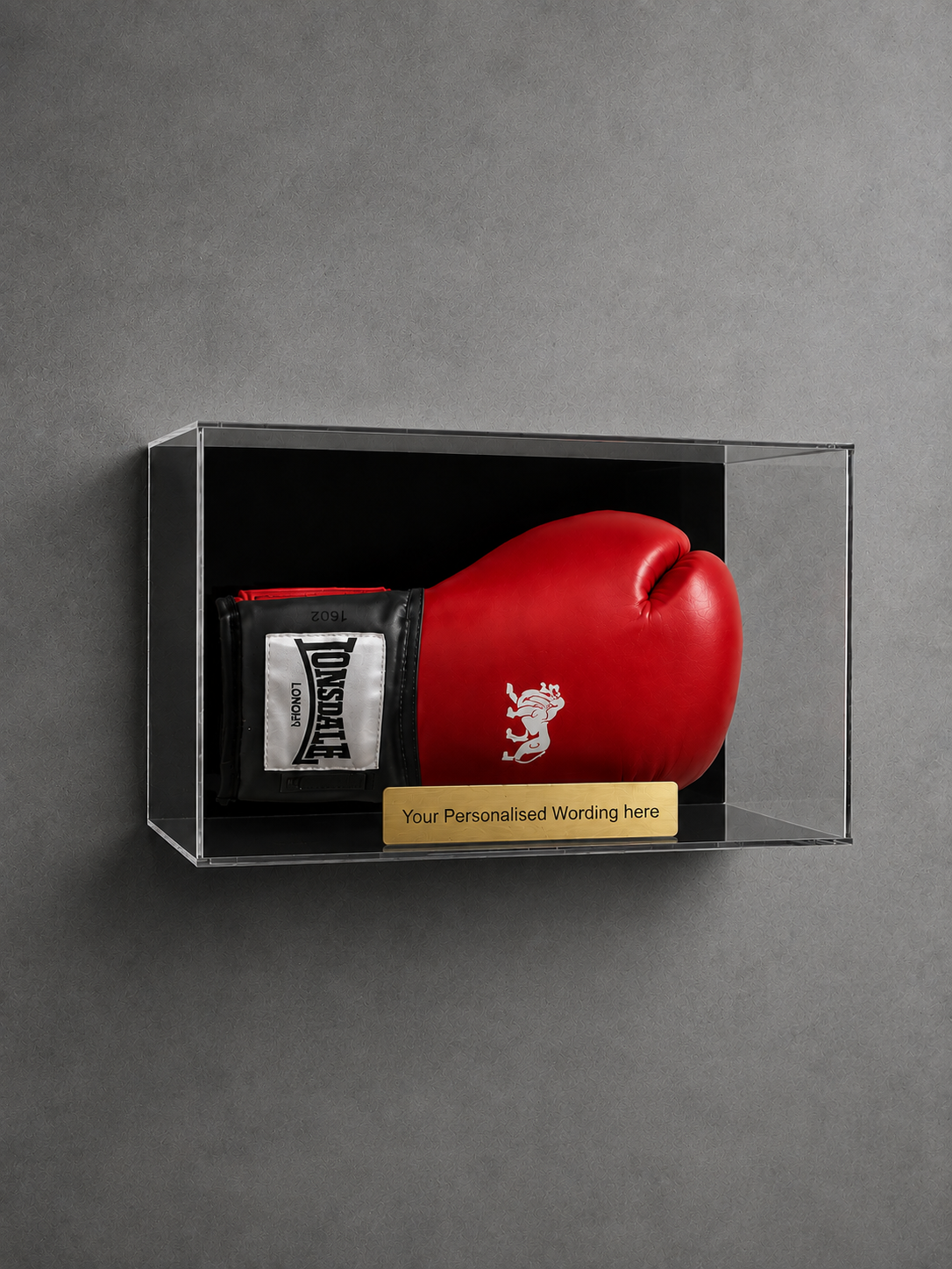 Boxing Glove Display Case Landscape wall mount with Personalised Engraved Plaque
