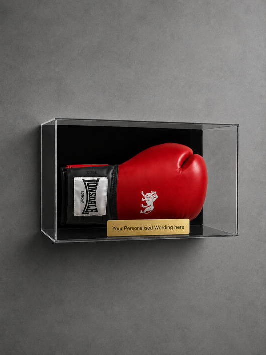 Boxing Glove Display Case Landscape wall mount with Personalised Engraved Plaque