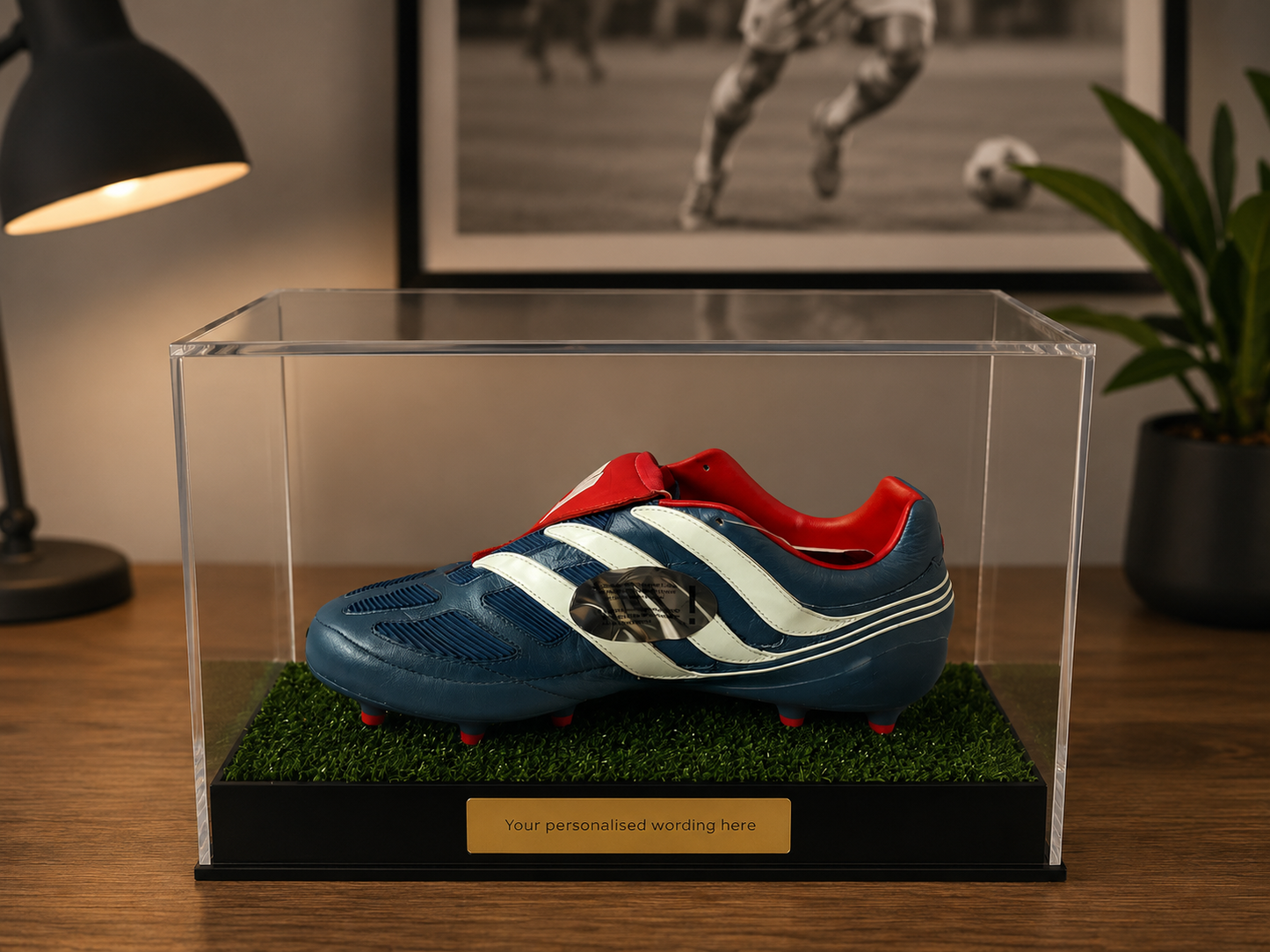 Football single Boot Display Case with Personalised Etching Plaque