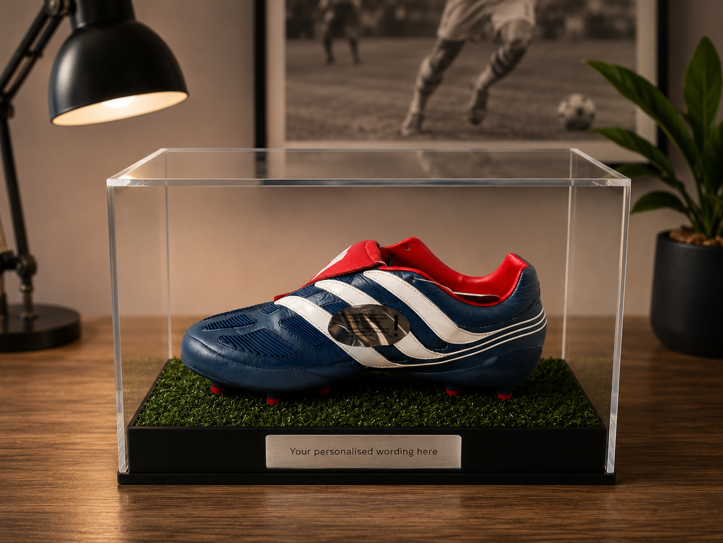 Football single Boot Display Case with Personalised Etching Plaque