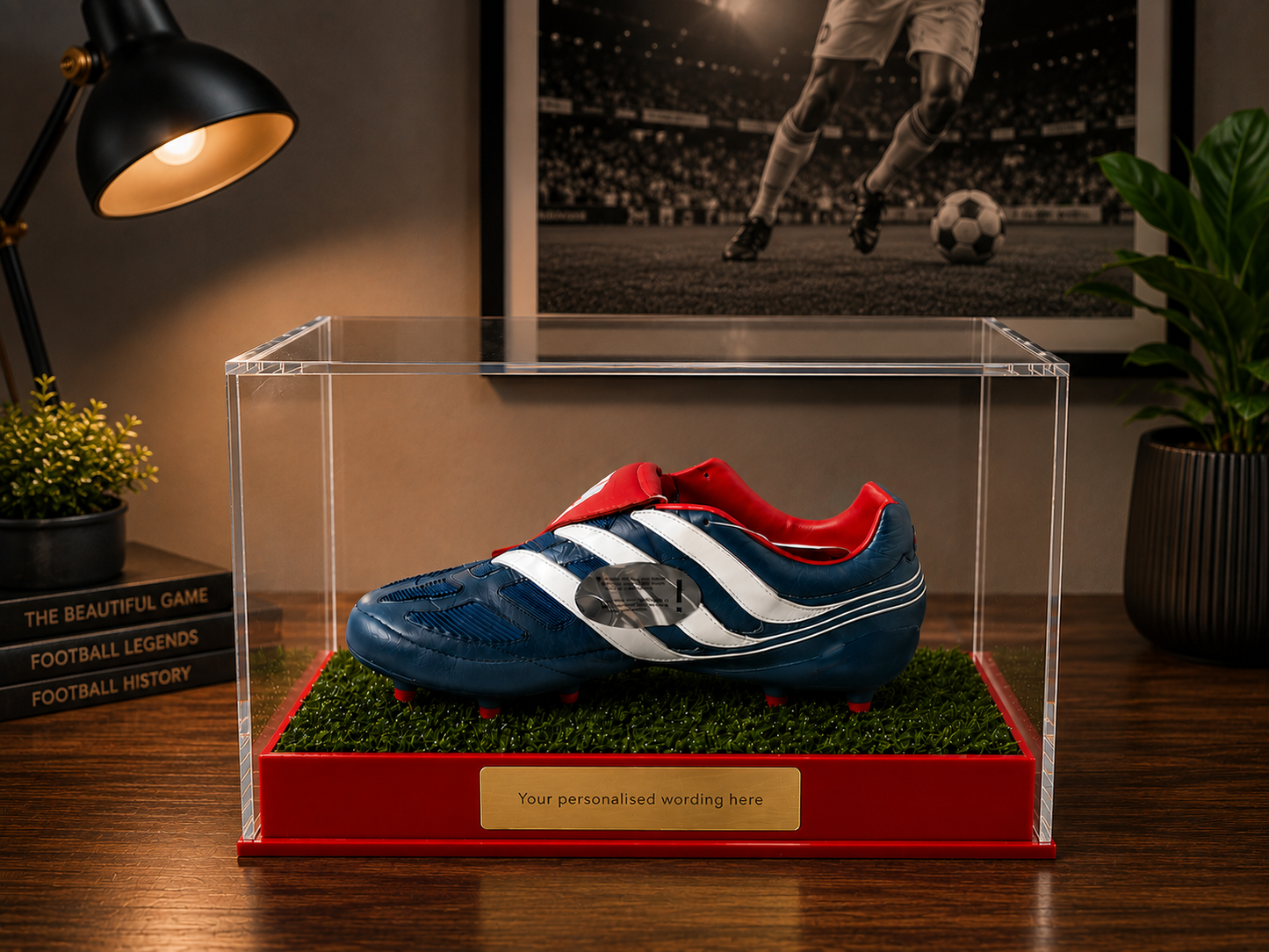 Football single Boot Display Case with Personalised Etching Plaque