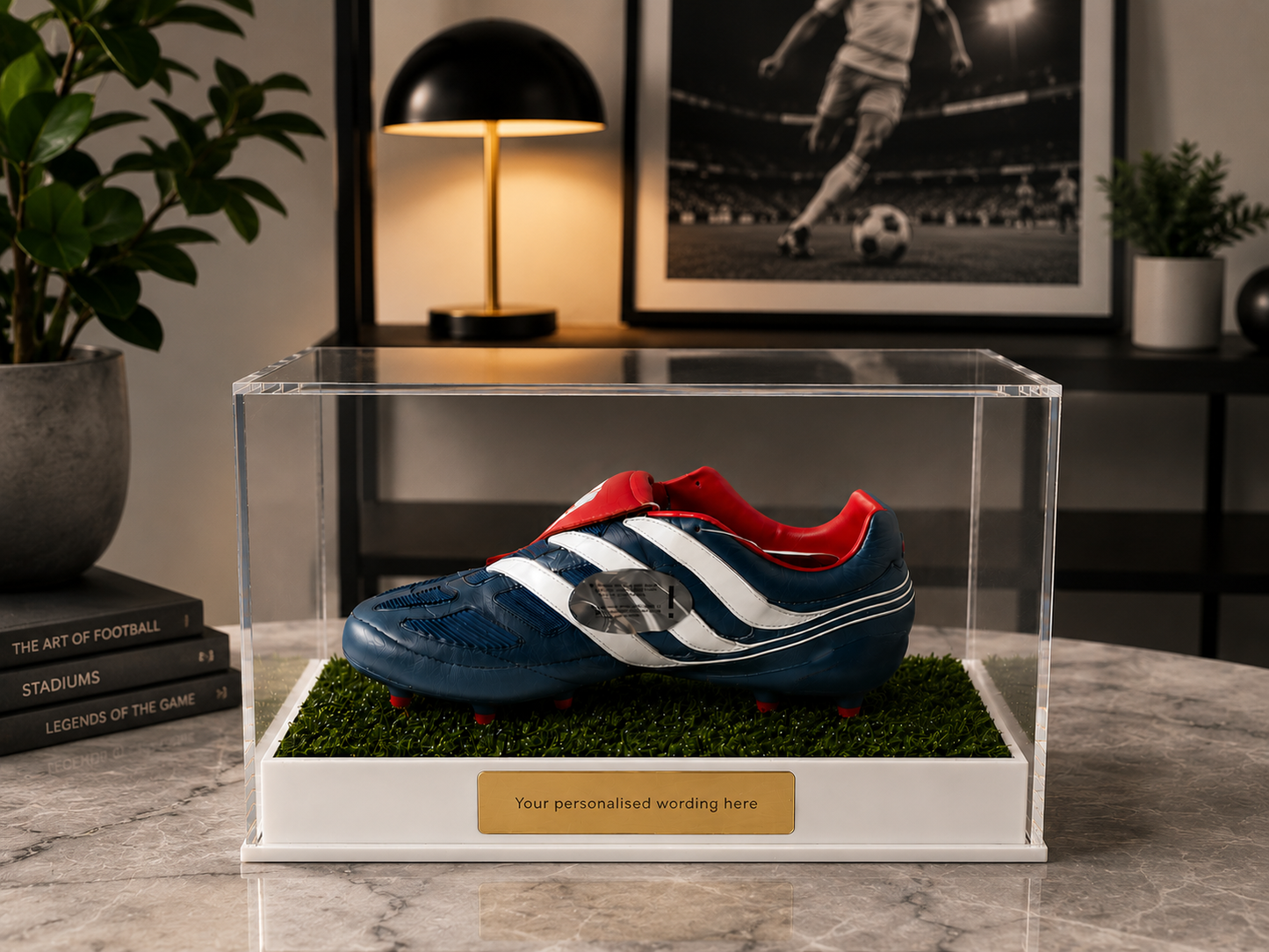Football single Boot Display Case with Personalised Etching Plaque