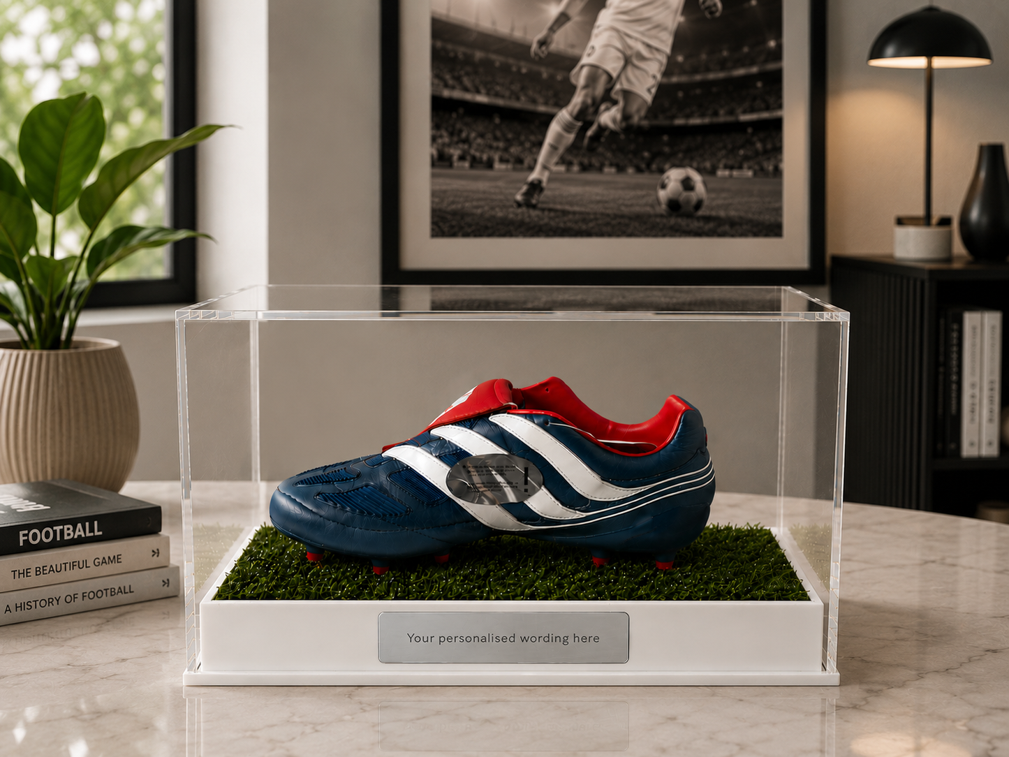 Football single Boot Display Case with Personalised Etching Plaque