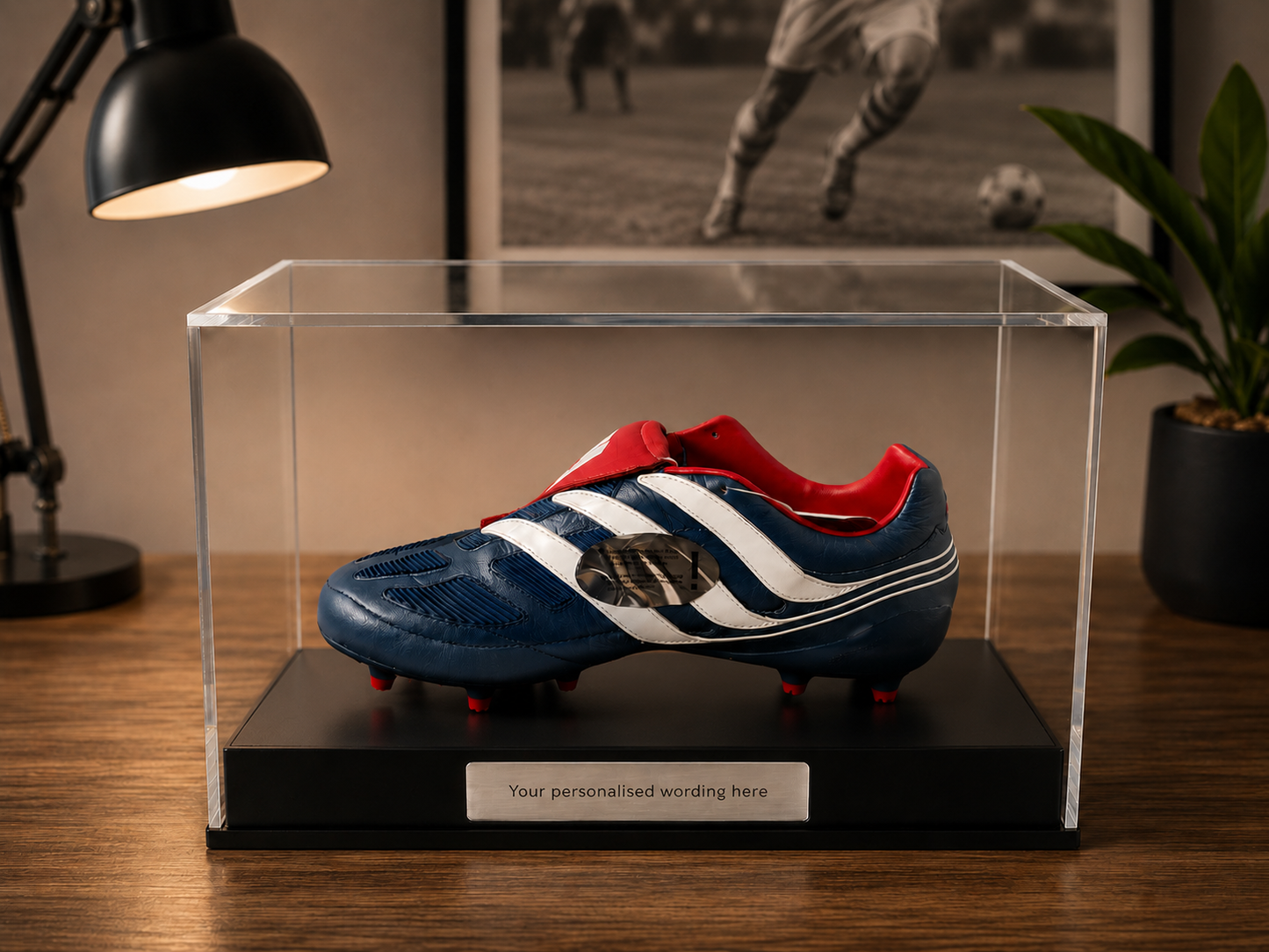 Football single Boot Display Case with Personalised Etching Plaque