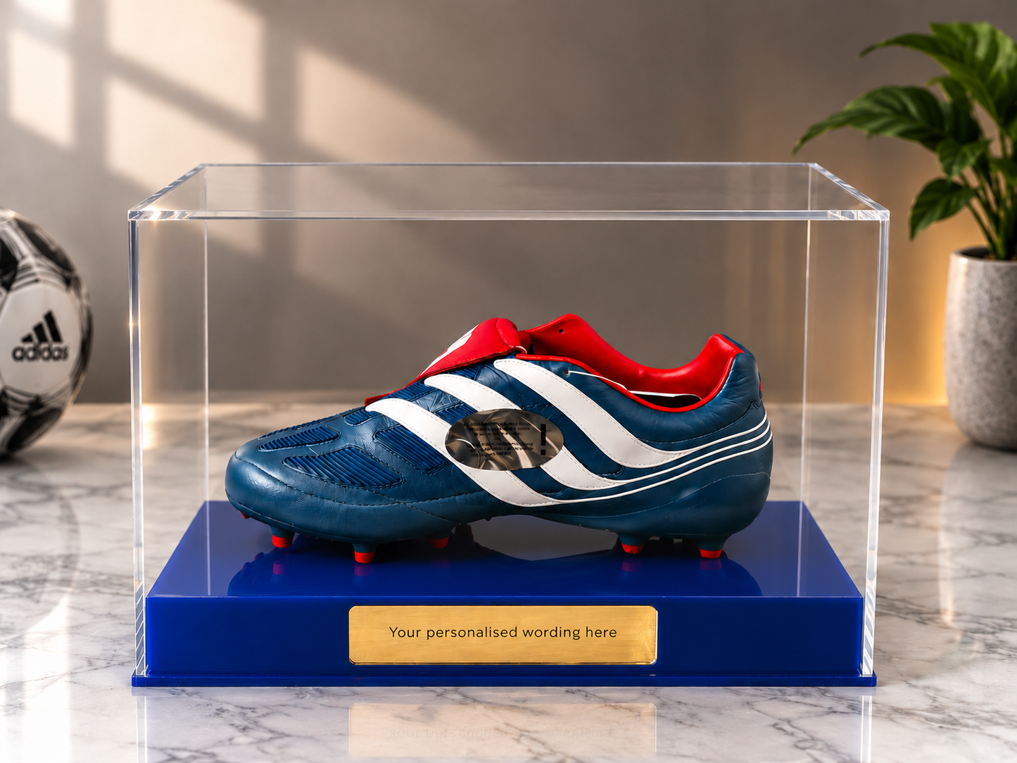 Football single Boot Display Case with Personalised Etching Plaque