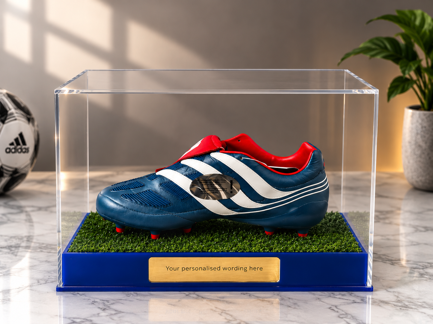 Football single Boot Display Case with Personalised Etching Plaque