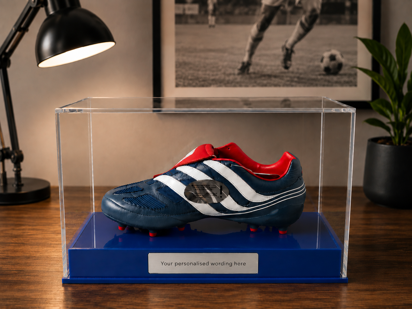Football single Boot Display Case with Personalised Etching Plaque