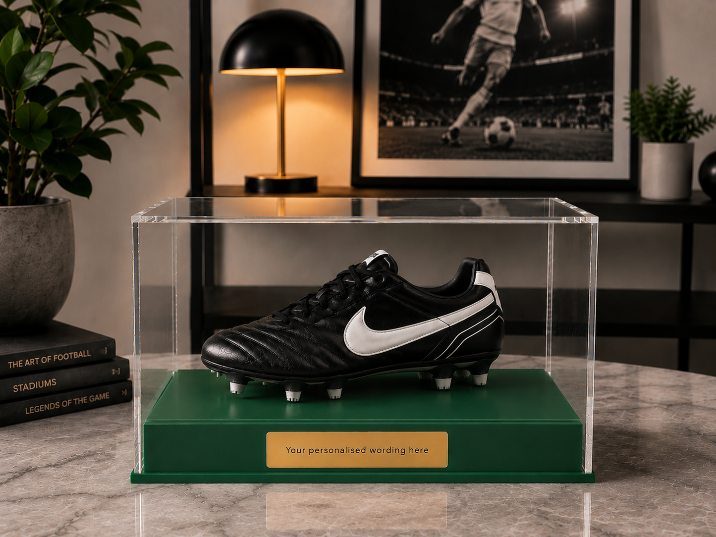 Football single Boot Display Case with Personalised Etching Plaque