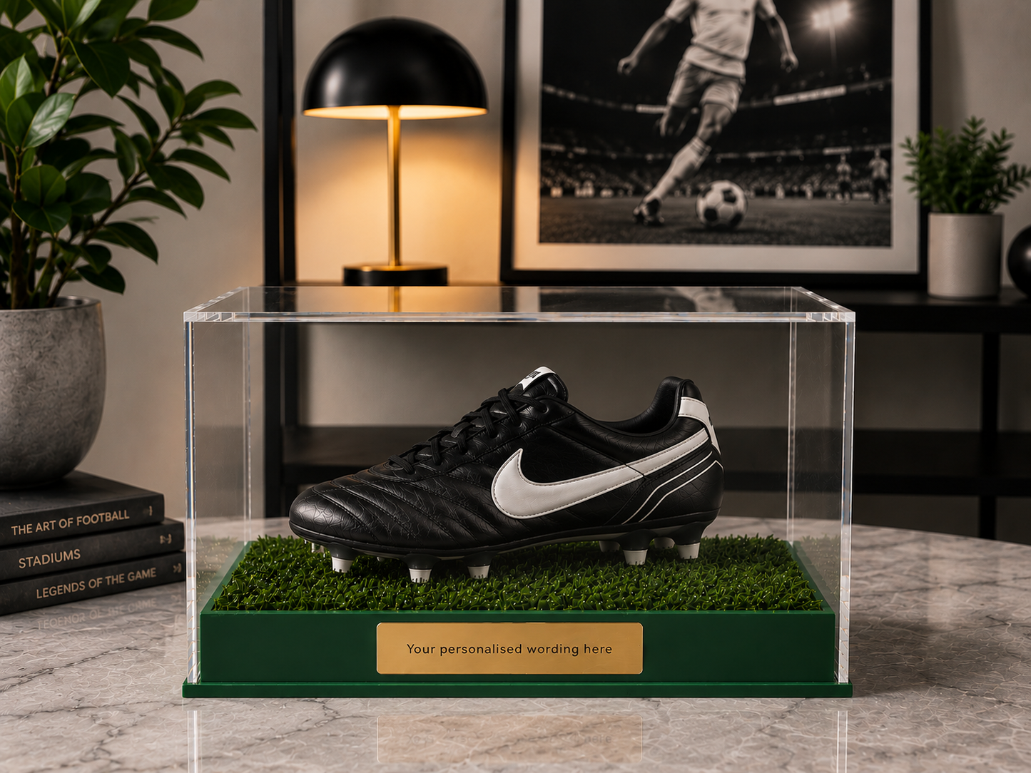 Football single Boot Display Case with Personalised Etching Plaque