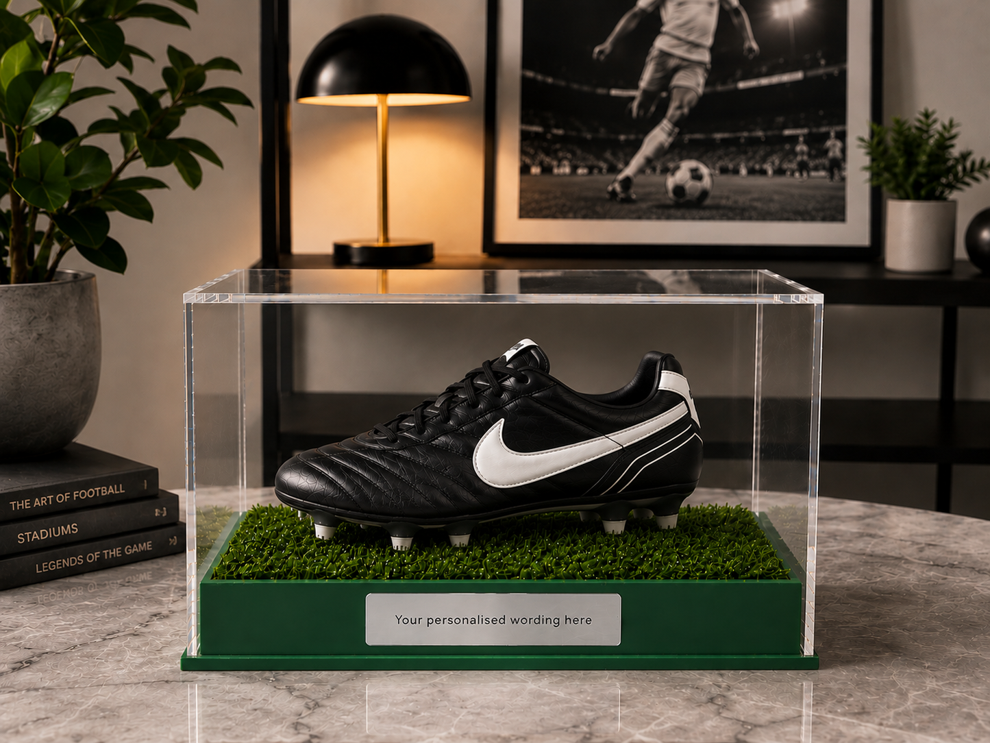 Football single Boot Display Case with Personalised Etching Plaque