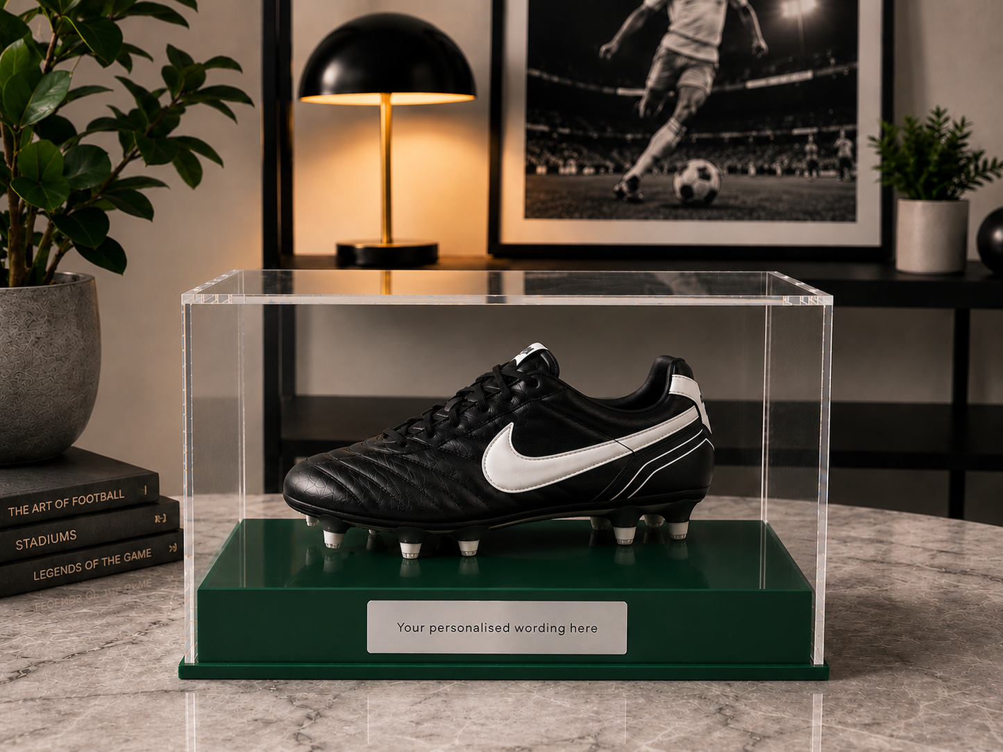 Football single Boot Display Case with Personalised Etching Plaque