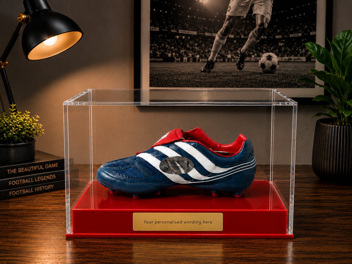 Football single Boot Display Case with Personalised Etching Plaque