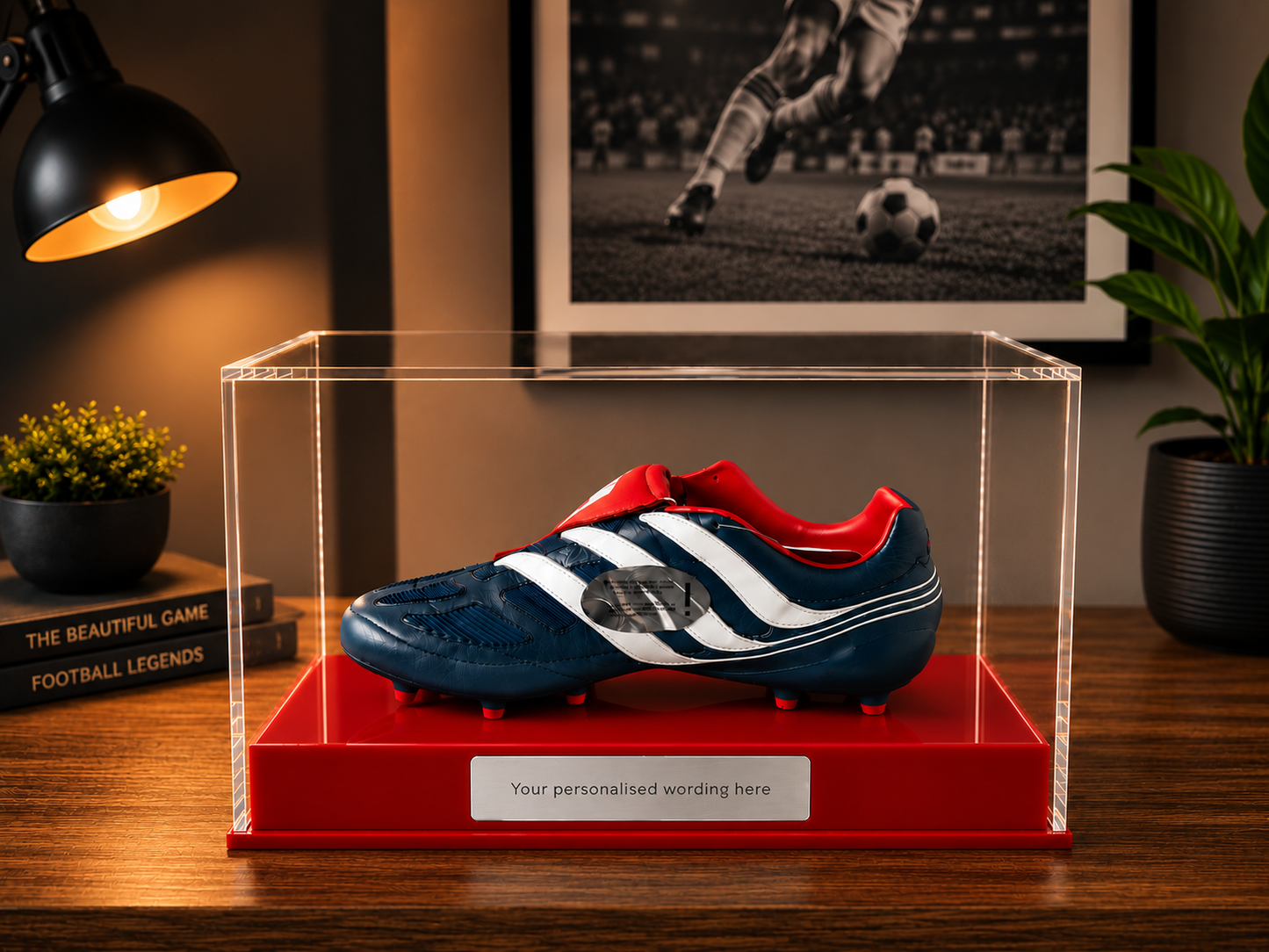 Football single Boot Display Case with Personalised Etching Plaque
