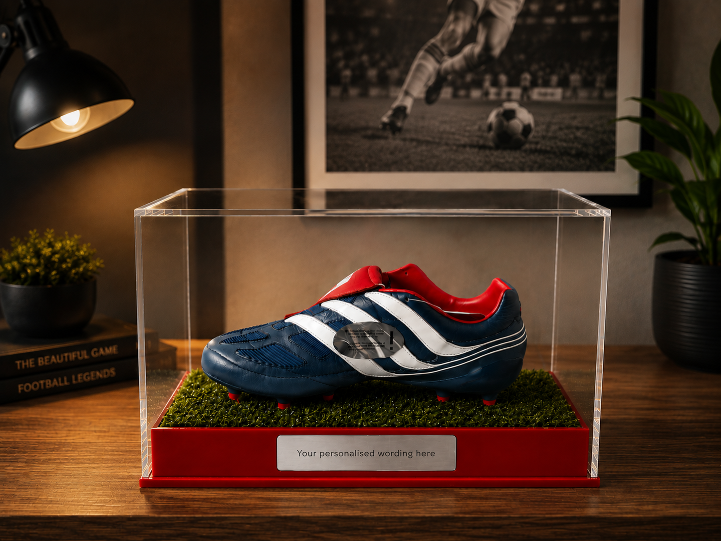 Football single Boot Display Case with Personalised Etching Plaque