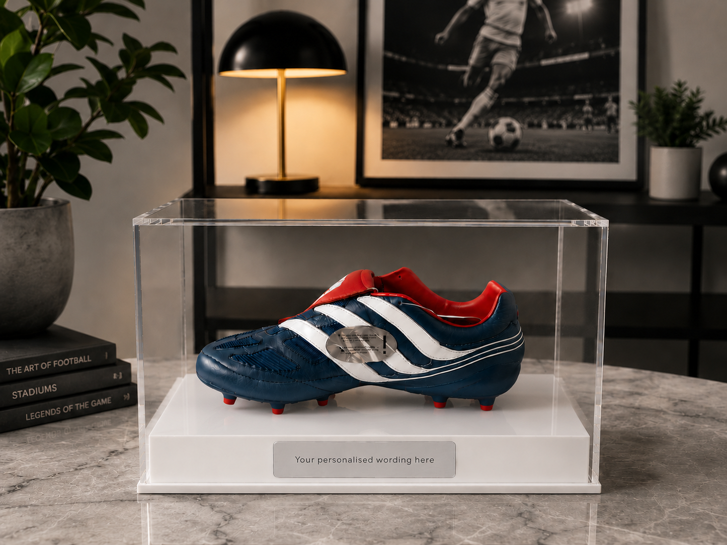 Football single Boot Display Case with Personalised Etching Plaque