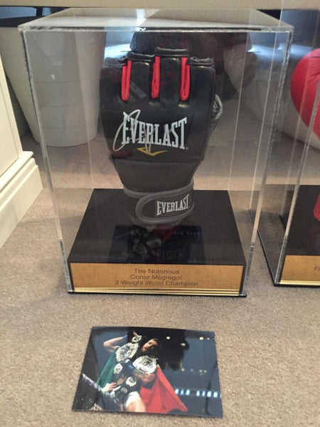 UFC MMA Glove Display Case with Personalised Etching on Silver or Gold Mirror Plaque