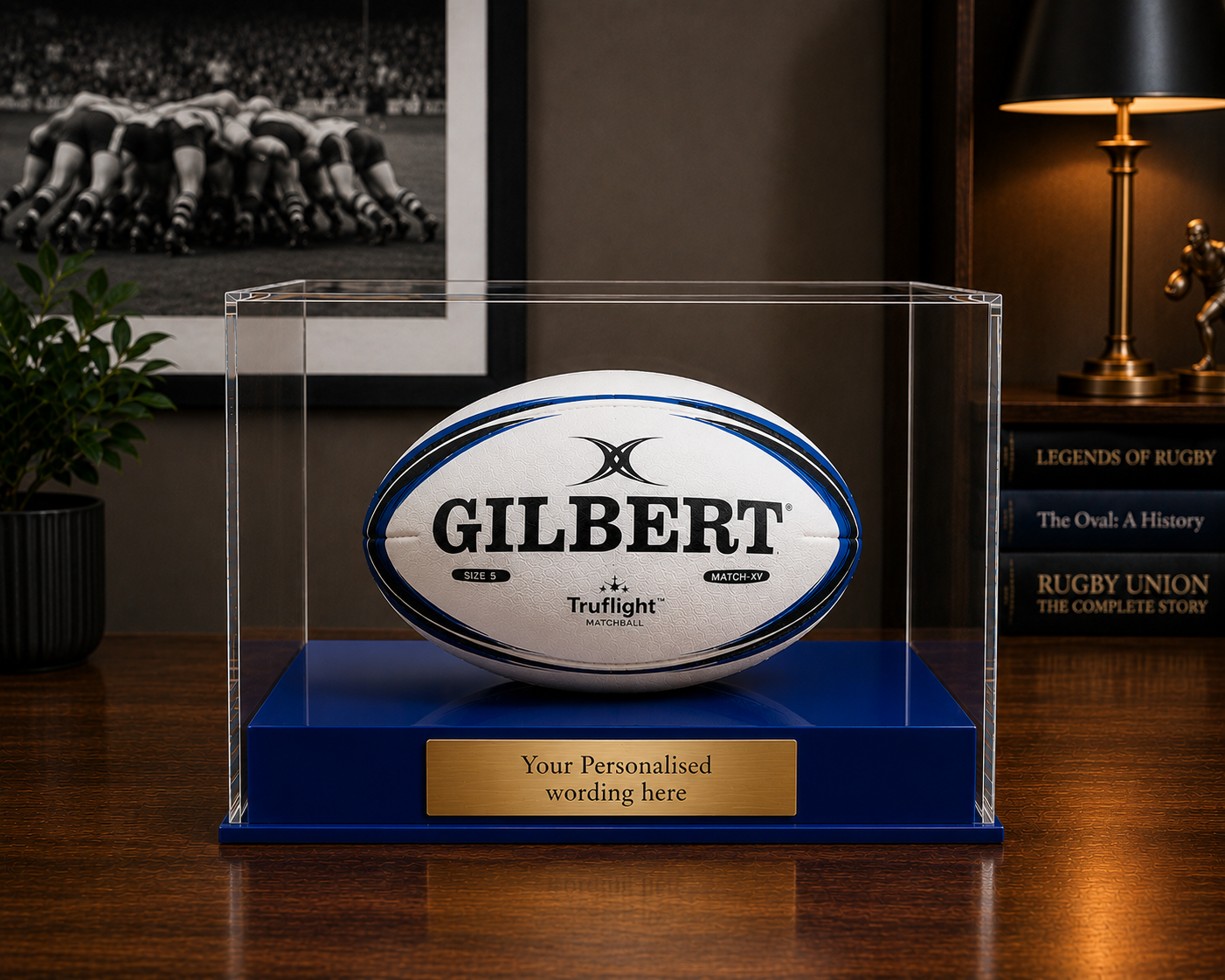 Rugby Display Case Landscape  With Choice of Colour & Personalised Engrave Plaque