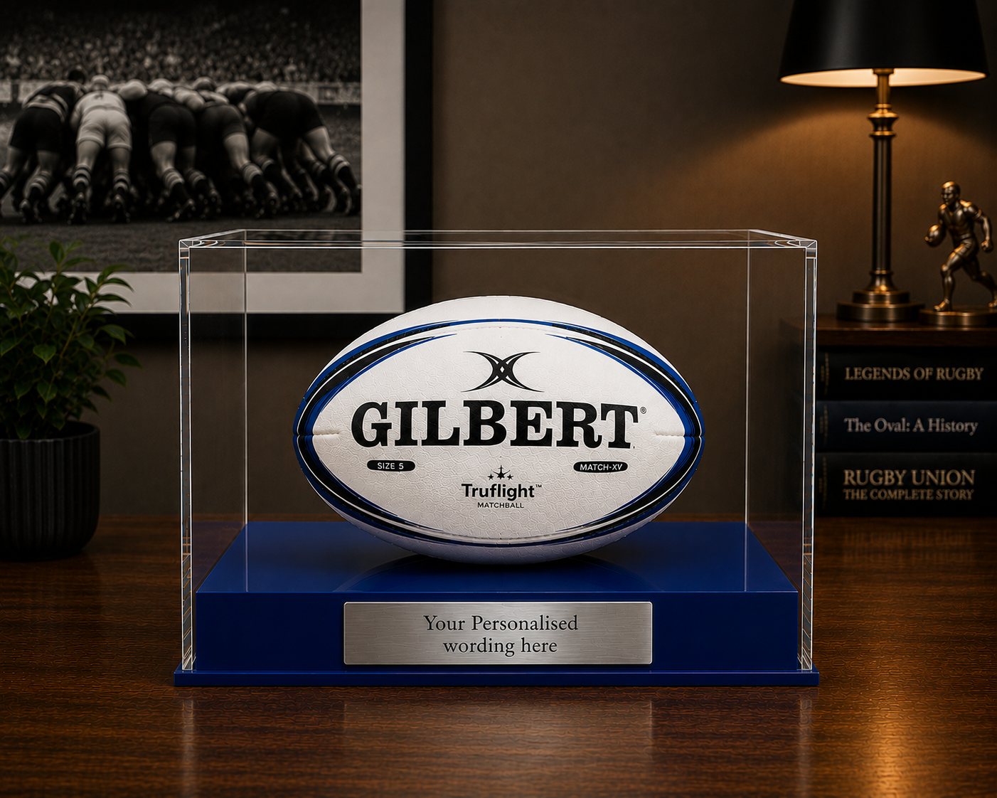 Rugby Display Case Landscape  With Choice of Colour & Personalised Engrave Plaque