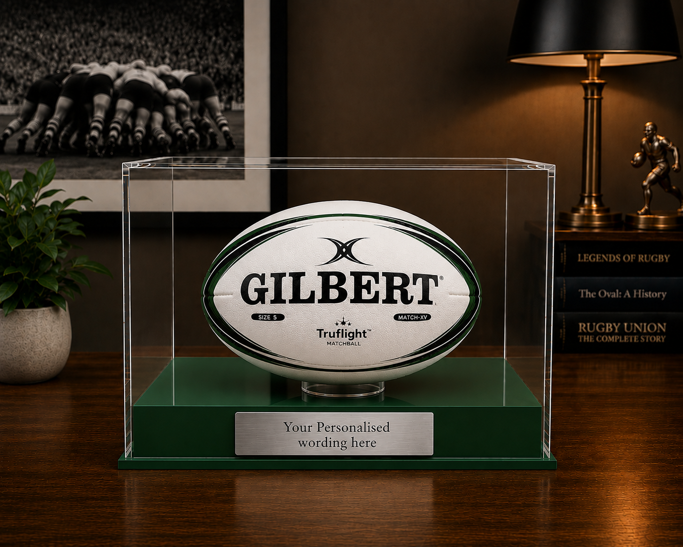 Rugby Display Case Landscape  With Choice of Colour & Personalised Engrave Plaque
