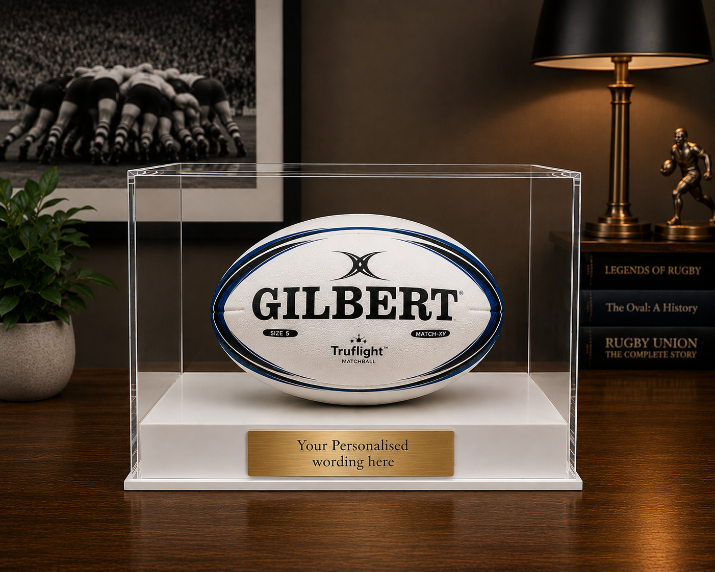 Rugby Display Case Landscape  With Choice of Colour & Personalised Engrave Plaque