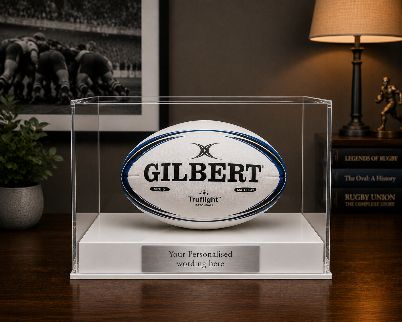 Rugby Display Case Landscape  With Choice of Colour & Personalised Engrave Plaque