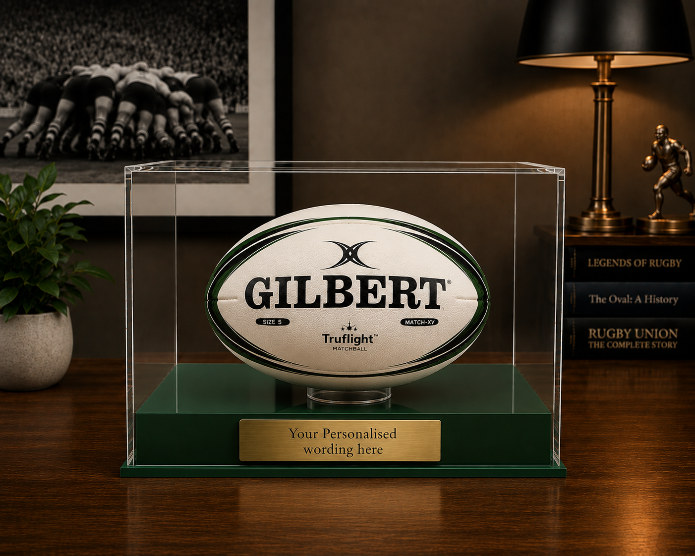 Rugby Display Case Landscape  With Choice of Colour & Personalised Engrave Plaque