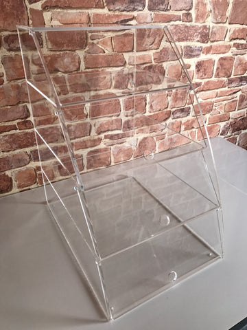 Display case cabinet curved clear acrylic with 4 shelves with individual hinged doors glass.