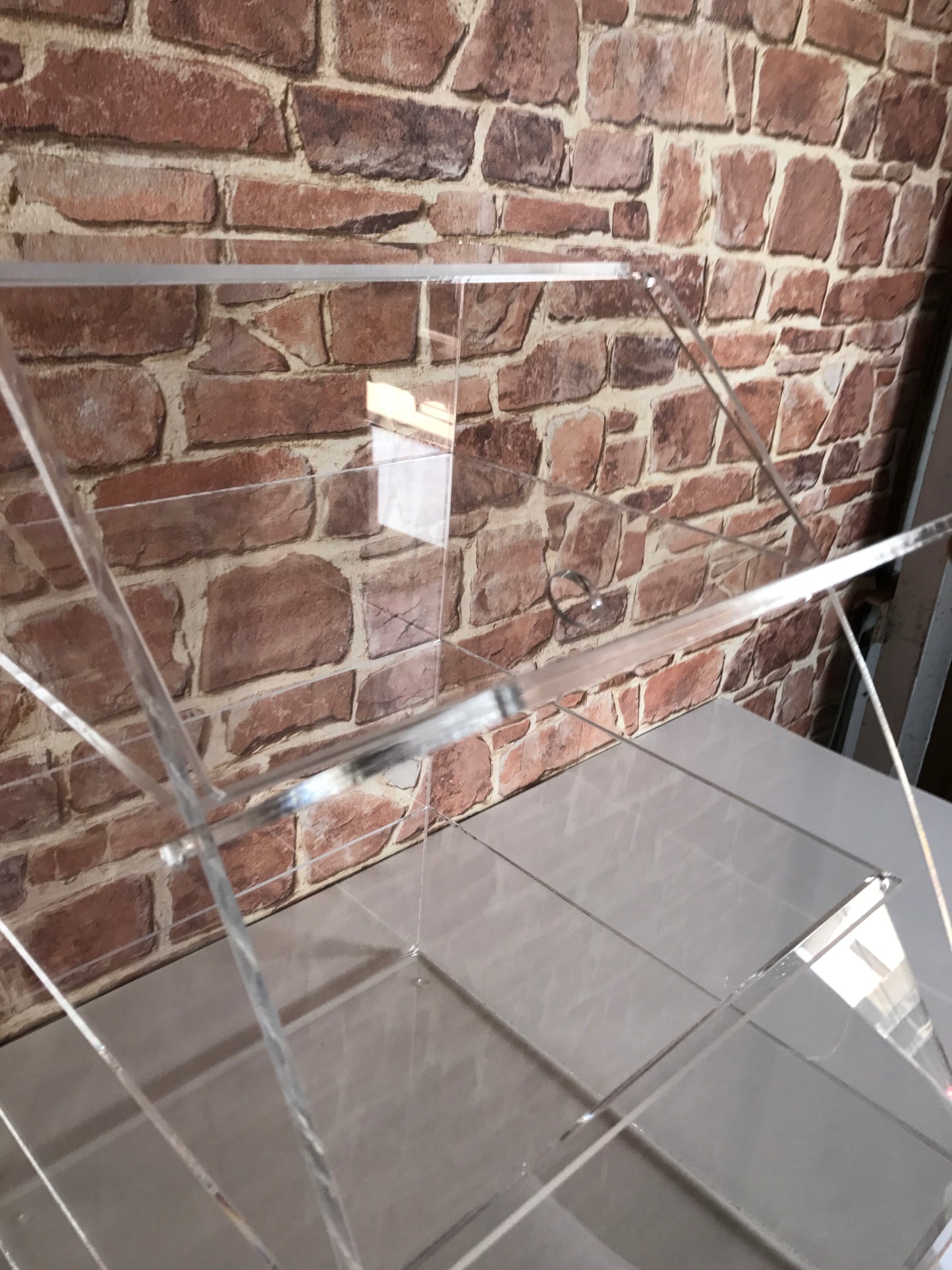 Display case cabinet curved clear acrylic with 4 shelves with individual hinged doors glass.